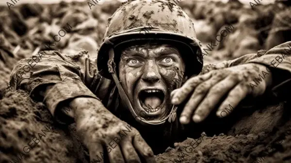 Terrified and dirty soldier captured in a photo