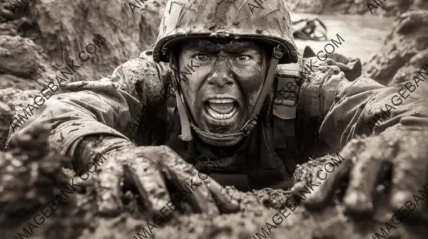 Fear-stricken soldier lying on the ground