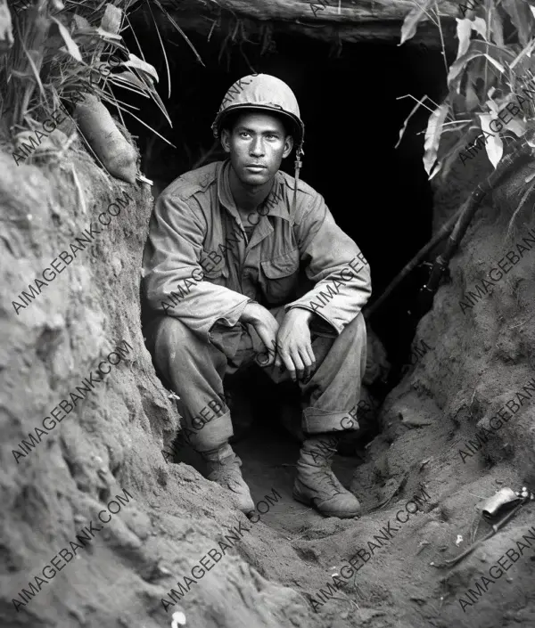 WWII US Army GI sitting in a foxhole in France