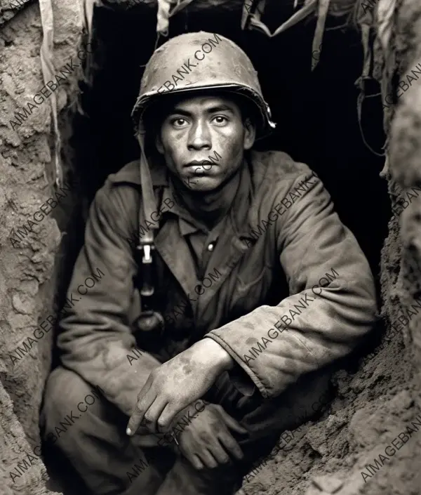 Gritty photo of a WWII US Army GI in a foxhole