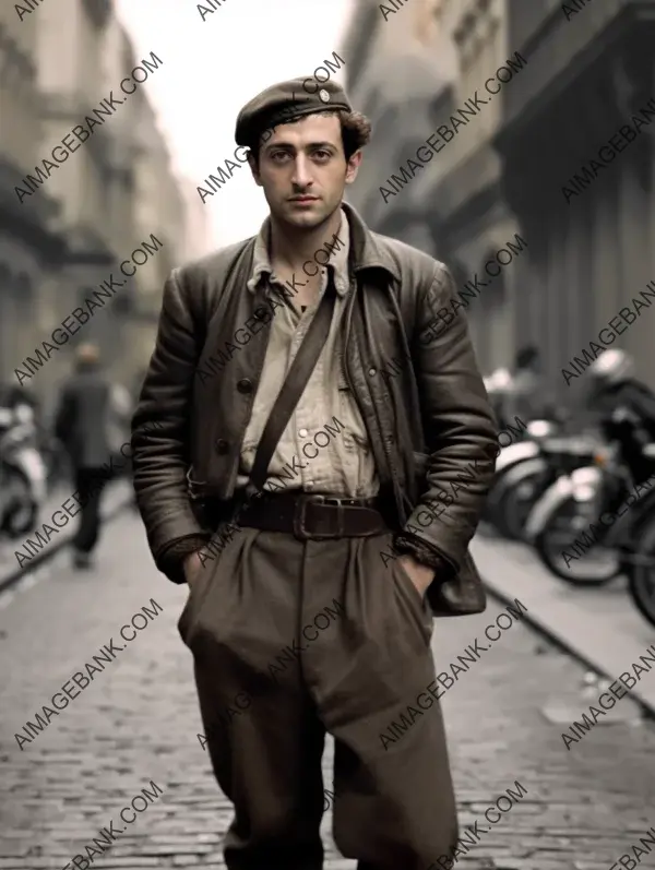 Monochrome photo of a French resistance fighter with a defiant expression