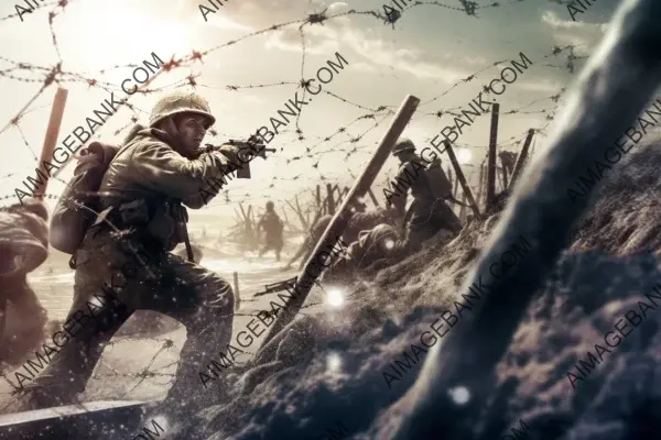 Dramatic image of a soldier in a low-angle shot storming the beach