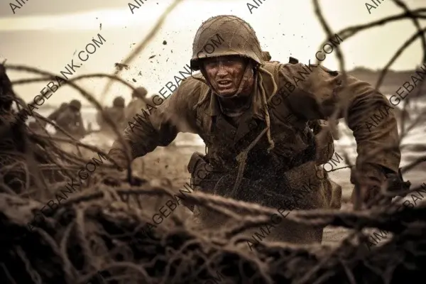 Intense low-angle photo capturing the courage of a soldier storming the beach