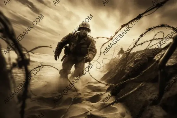 Impactful low-angle shot of a soldier courageously storming the beach