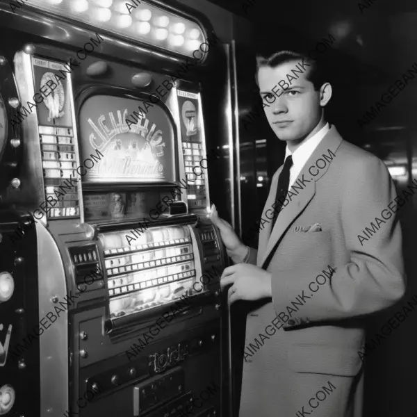 1950s photo of a man standing next to a jukebox