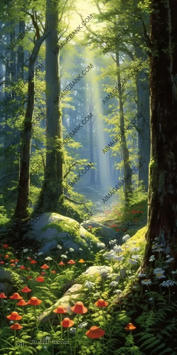 Raggi di sole luminosi in una bellissima foresta, ispirato a Ted Nasmith