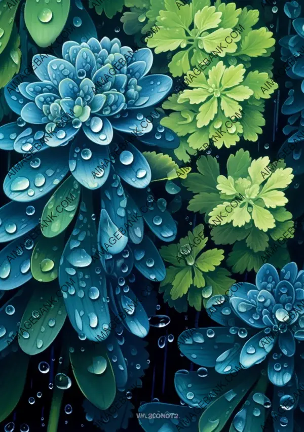 Enchanting display of water droplets on plants with a black and green backdrop