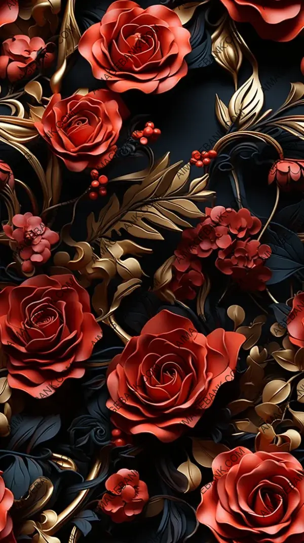 Elegant Flourish of 3D Dark Red Roses with Gold Leaf Edges