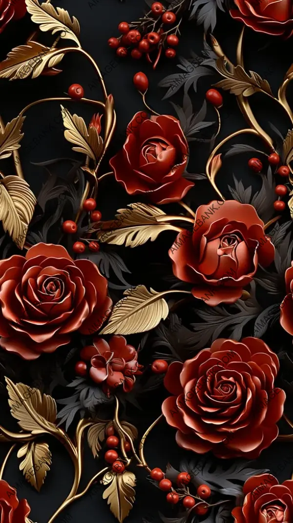 Intricate Gold Leaf Edges Enhance 3D Dark Red Roses