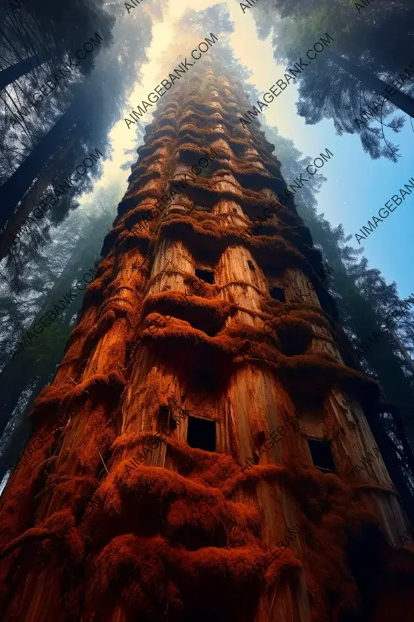 A captivating surreal composition featuring a giant chainsaw in a redwood forest