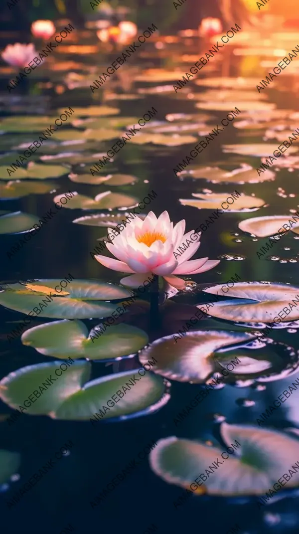 A tranquil scene with lotus flowers floating in a rippled pond