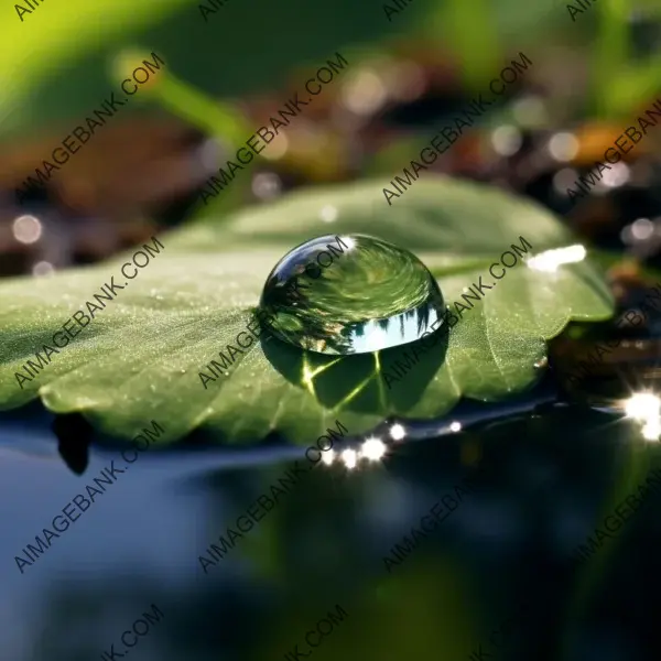 Captivating image of water droplets falling on a green leaf, creating mesmerizing reflections