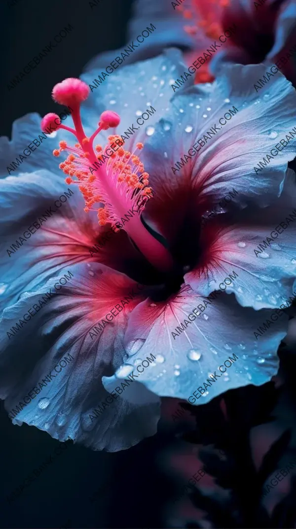 Extreme close-up details of an inverse hibiscus flower captured in a captivating solarized infrared photo