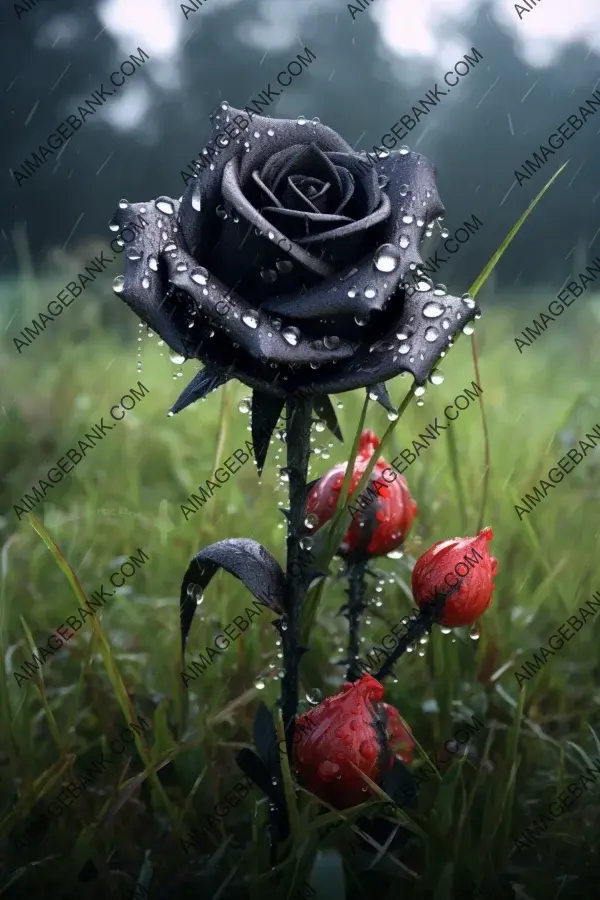 Black rose resting on the grass, touched by water droplets