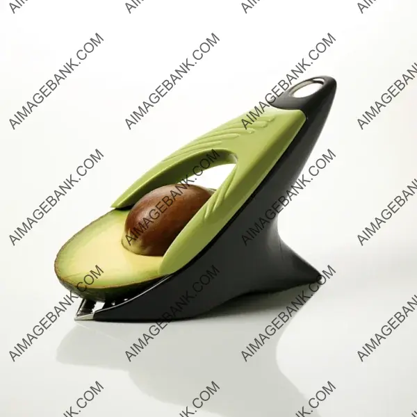 Overhead shot of a handy avocado slicer against a white surface.