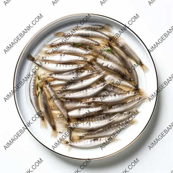 White background showcasing a plate of salted anchovies.