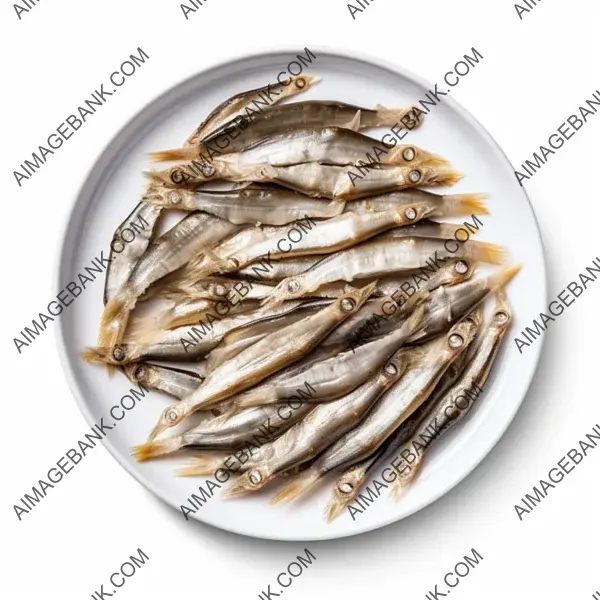 Overhead shot of a plate of salted anchovies against a white background.