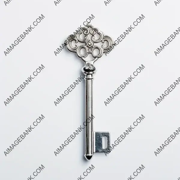 Top-down perspective capturing the details of a shiny silver key against a plain background.