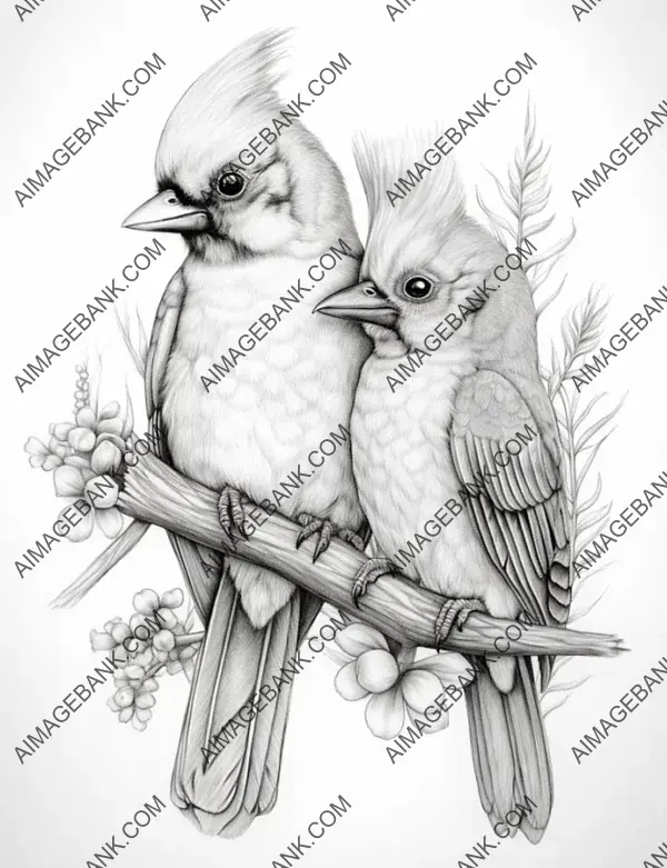 Intricate pencil illustration showcasing a delightful bird family.