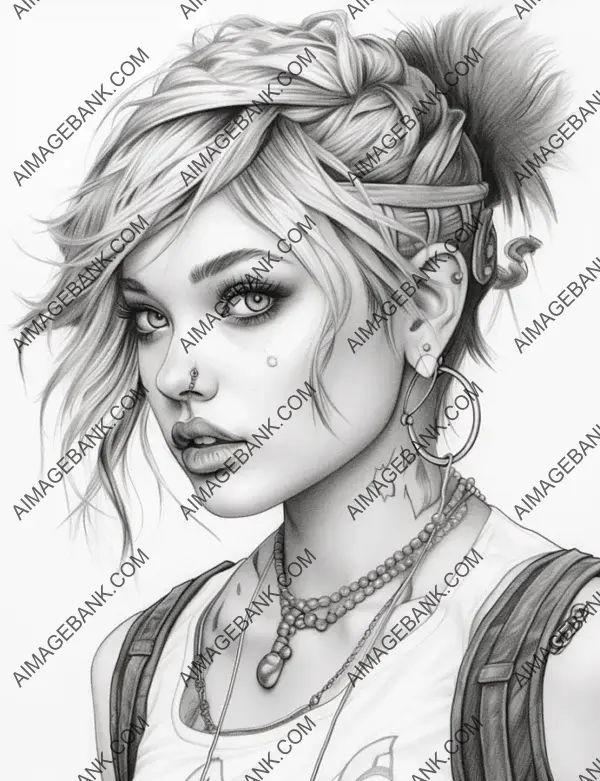 Intricate pencil illustration showcasing the individuality and attitude of punk culture girls.