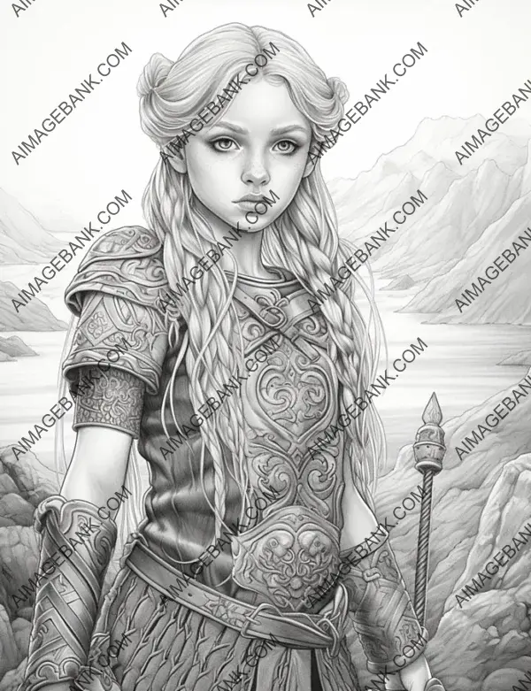 Majestic viking girl depicted in a powerful and grand pencil sketch.