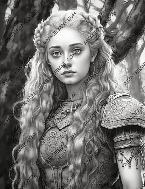 Strong and resolute viking girl portrayed in a bold and detailed pencil drawing.