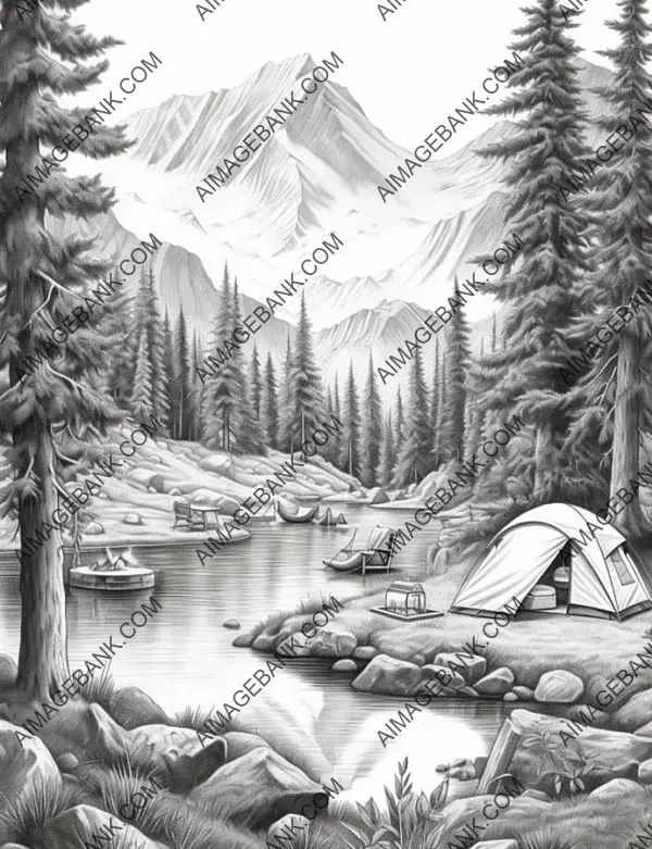 Mountain camping scene featuring tents, campfire, and the beauty of nature.