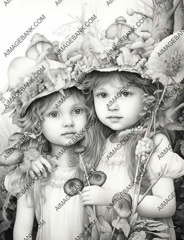 Detailed fairyland scene with two fairies embracing the enchanting world around them.