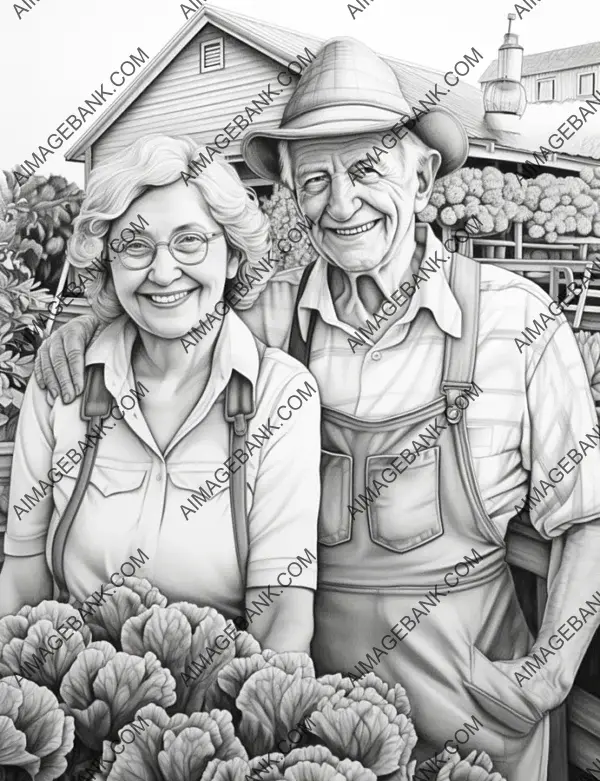 Detailed coloring book scene showcasing a self-sufficient elderly couple.