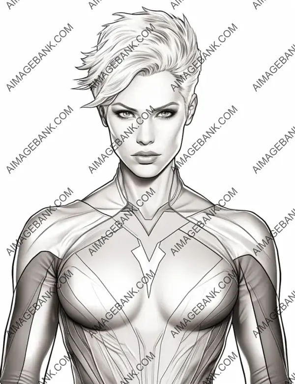 Action-filled portrayal of a super hero woman with short hair in an intense full-body pose.