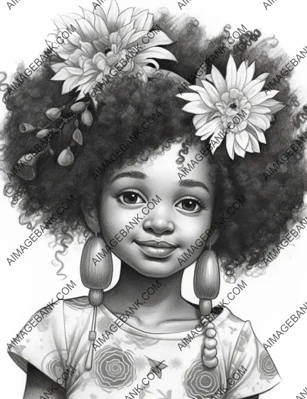 Embracing roots: African girl&#8217;s beauty flourishes alongside intricate floral pencil details.