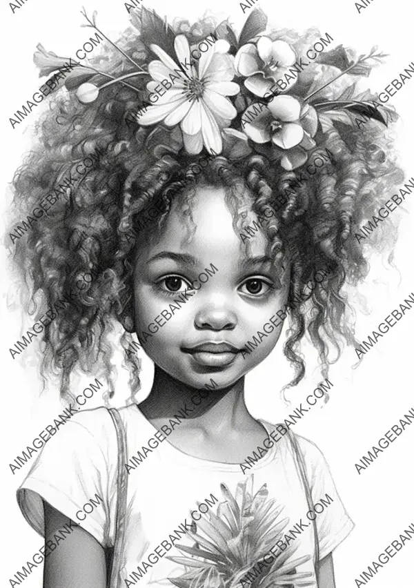 Cultural fusion: African girl&#8217;s charm and floral motifs blend seamlessly in pencil color.