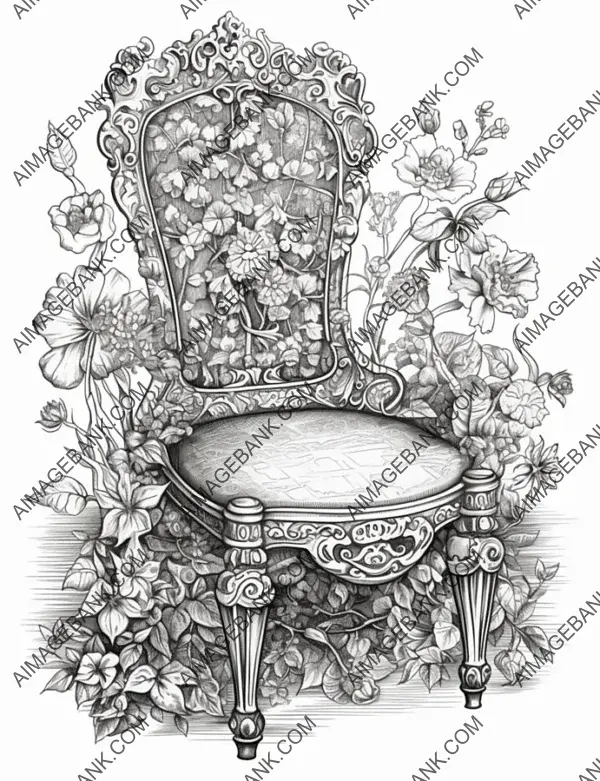 Floral sophistication: Chair surrounded by flowers beckons coloring enthusiasts in grayscale.