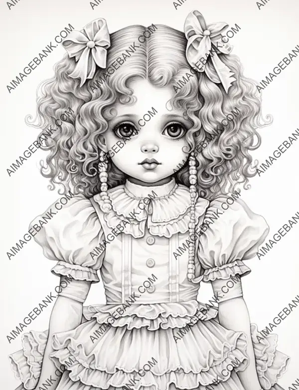 Doll&#8217;s grace: Pencil coloring book page featuring a charming doll against a white background.