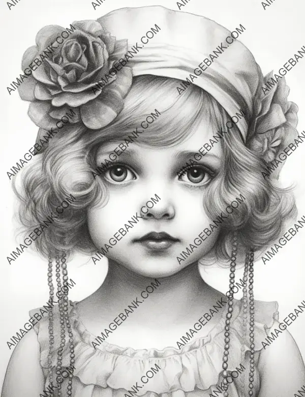 Enduring elegance: Pencil coloring book page portrays the flapper baby girl&#8217;s grace and spirit.