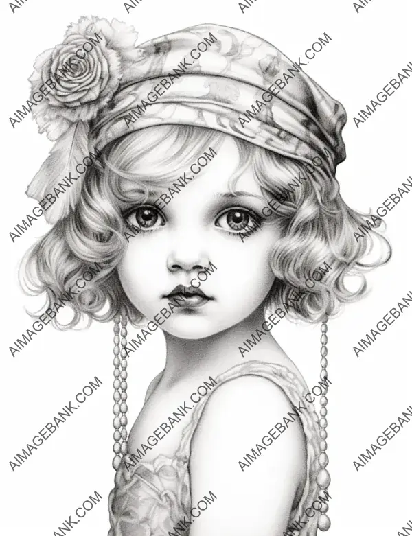 Nostalgic chic: Pencil coloring book page showcases the flapper baby girl&#8217;s allure.