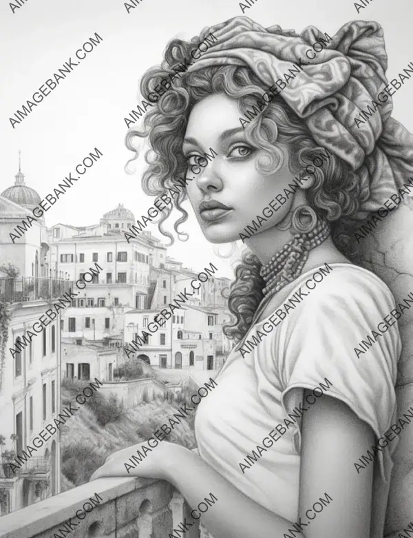 Old-world charm: Pencil coloring book page showcases Italy&#8217;s allure in timeless detail.