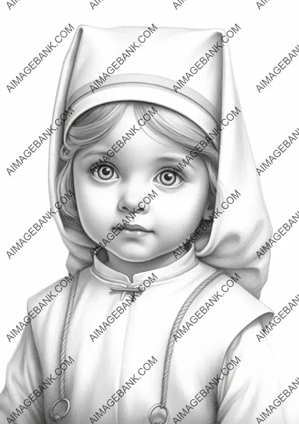 Sweet and innocent pencil drawing of a baby nun girl, perfect for coloring enthusiasts.