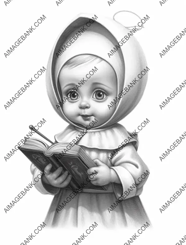 Charming pencil depiction of a baby nun girl, inviting creativity in coloring.