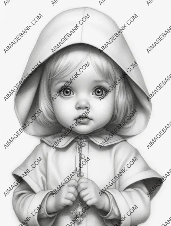 Cute and endearing pencil illustration of a baby nun girl, ready to be colored with care.