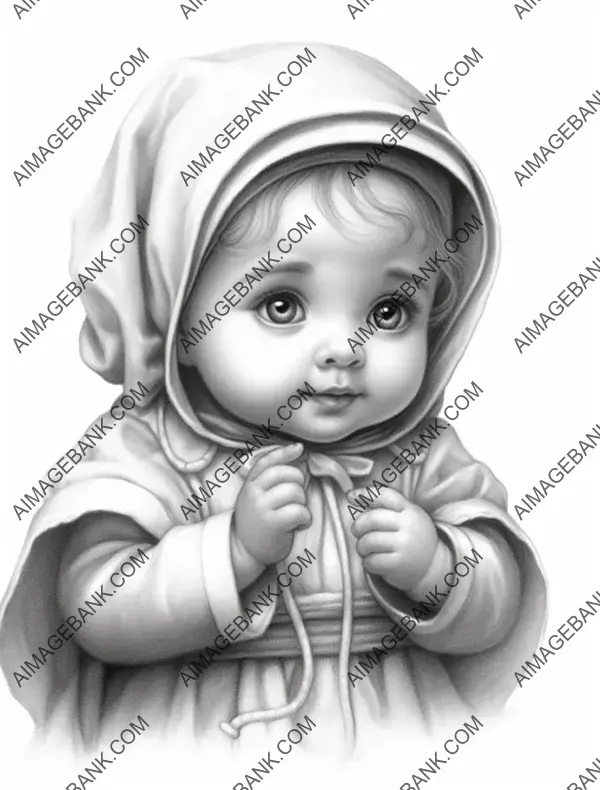 Gentle pencil drawing of a baby nun girl, ideal for those who enjoy coloring.