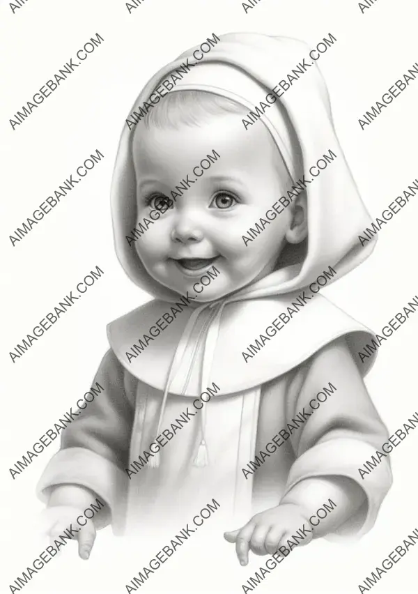 Adorable pencil illustration of a baby nun girl, perfect for coloring enthusiasts.