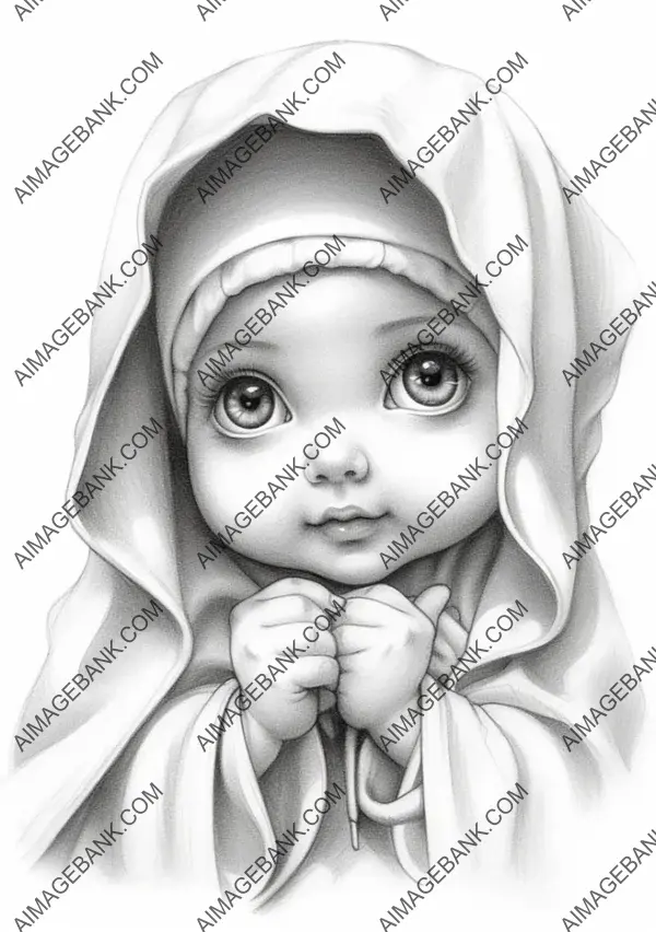 Innocent pencil depiction of a baby nun girl, inviting creativity in coloring.