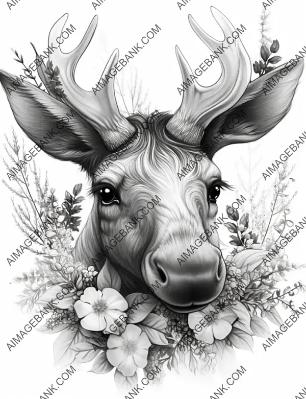 Delightful grayscale illustration of a darling baby moose surrounded by flowers, perfect for coloring.