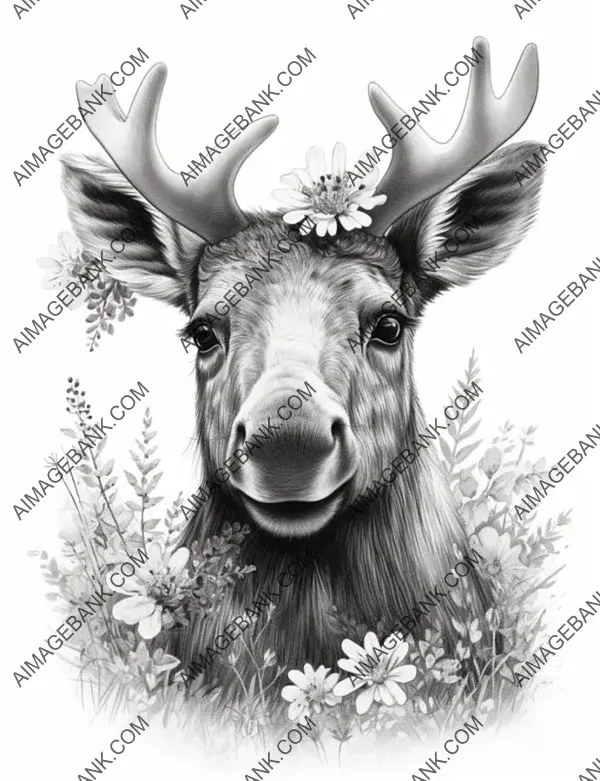 Charming grayscale depiction of a precious baby moose in the midst of flowers, inviting coloring creativity.