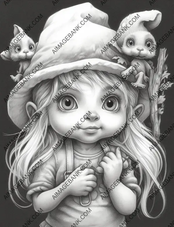 Adorable pencil drawing of girl baby gnomes, perfect for coloring enthusiasts.