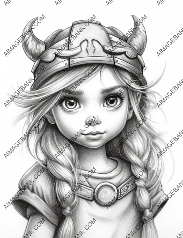 Hyper-realistic pencil portrait of a Viking girl, perfect for detailed coloring.