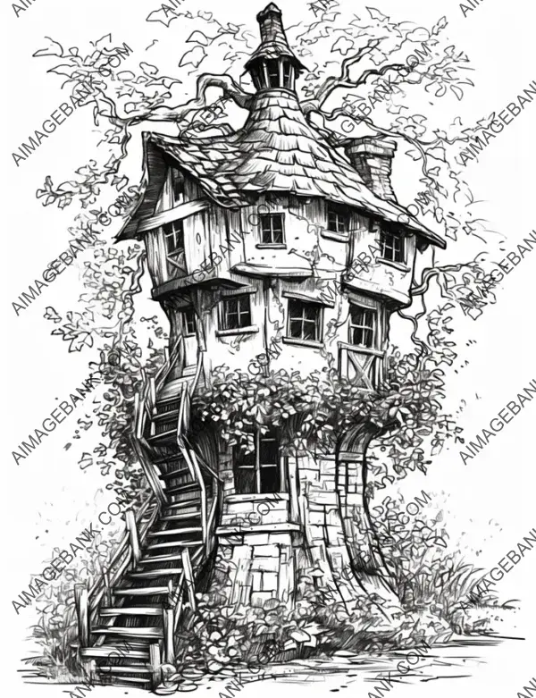 Intricate black and white drawing of a fairy tower adorned with ivy, perfect for detailed coloring.