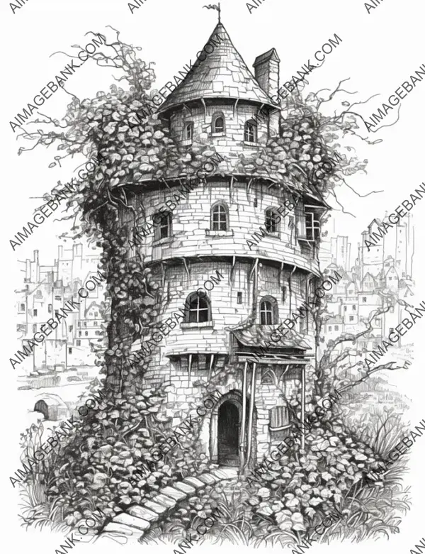 Artistic black and white depiction of a fairy tower surrounded by ivy, ready to be colored with care.