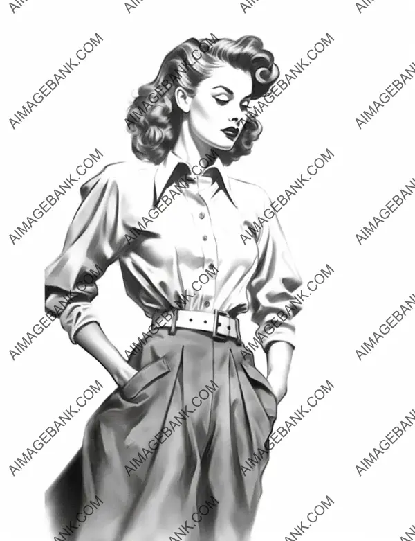 Stylish sketch of a fashion model wearing 1950s vintage-inspired clothes, inviting creativity and coloring.